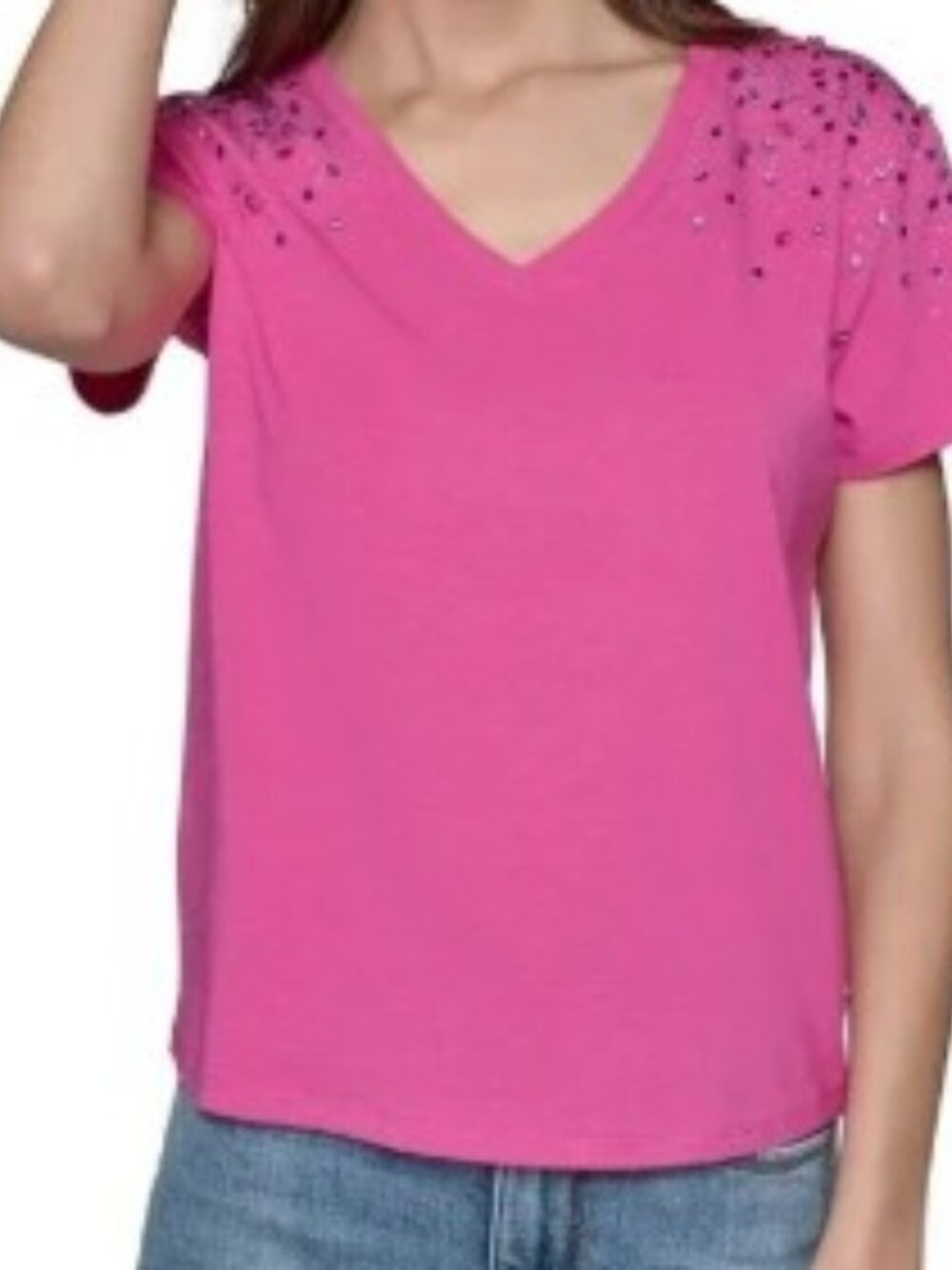 Karl Lagerfeld Hot Pink Bedazzled Short Sleeve V-Neck T - Size L